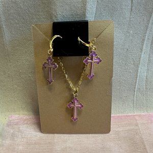 Made By Me Cross Earrings & Necklace Set Dark Pink